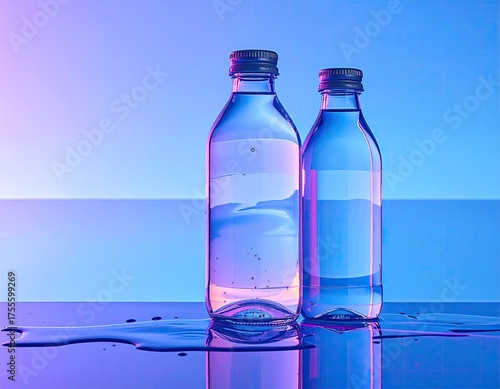 Two glass bottles with water, pink and blue lighting