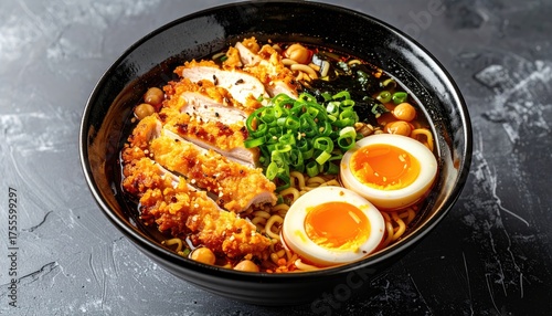 Ramen bowl eggs, crispy chicken, broth, noodles