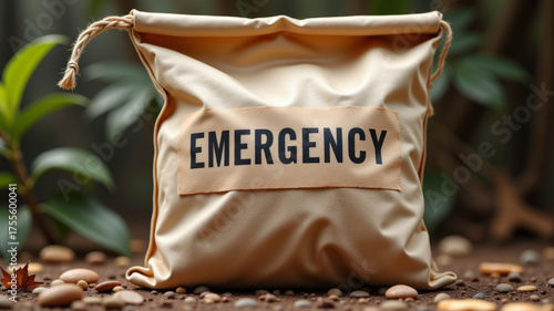 Emergency food ration pack with bold label placed on natural forest background