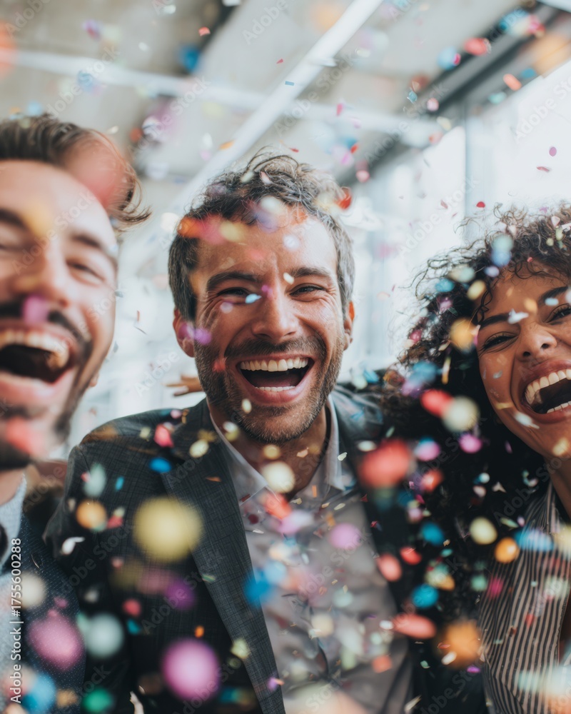 Obraz premium Diverse business team celebrating project success with confetti in a modern office.