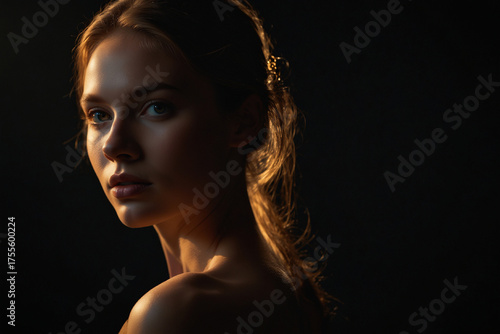 A female model in a side profile pose, softly illuminated by a single golden spotlight from behind