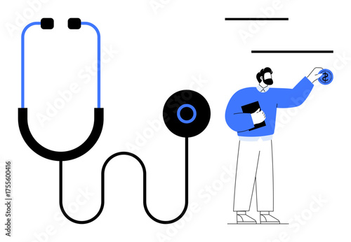 Stethoscope alongside a healthcare worker holding a notebook, examining concepts. Ideal for medical innovation, diagnostics, healthcare analysis, patient care, telemedicine, health education
