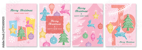 Christmas and New Year greeting card set with hand painted cute woodblock style Christmas ornaments. Vector file. Retro Christmas illustrations for banner, poster, web and social media.