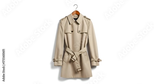 A classic trench coat on a wooden hanger, isolated on white background