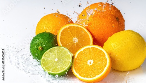 Citrus fruits, whole & sliced, in clear water splash