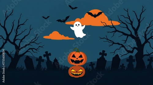 Spooky halloween scene with ghost pumpkin bats and graveyard