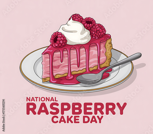 Delicious slice of raspberry cake with whipped cream and fresh berries on a plate
