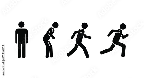 Vector illustration of four stick figures illustrating the progression of movement from standing still to running, isolated on a
