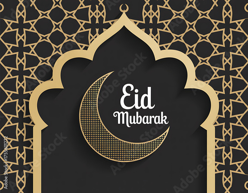 Elegant eid mubarak greeting card with golden crescent moon and islamic geometric patterns