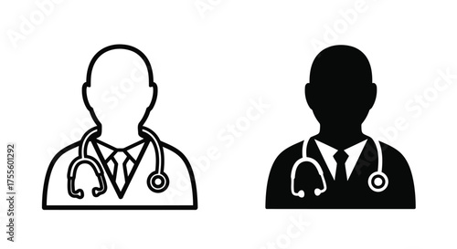 Vector illustration of doctor icon with stethoscope, black and white silhouette