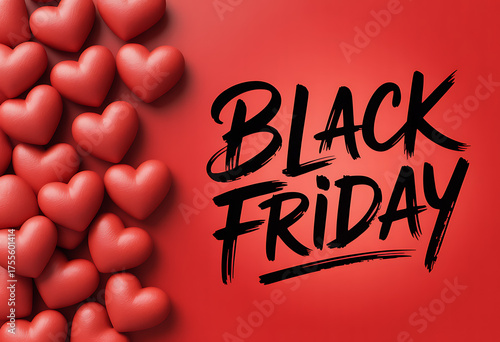 Black friday sale promotion with red hearts on a vibrant red background
