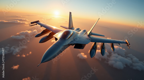 Fighter jet flying at high speed above sea during combat mission at sunset