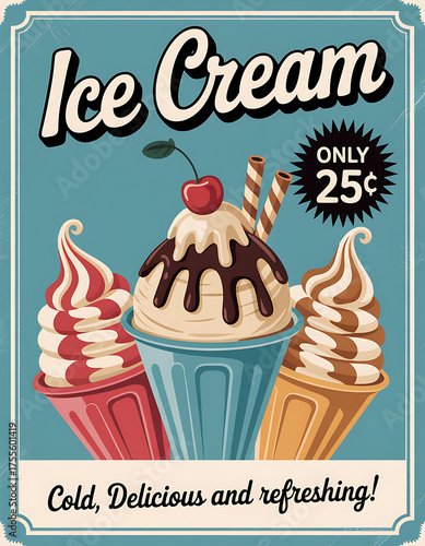 Retro ice cream sign featuring three delicious cones and cups with vintage typography