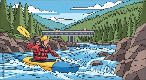 Exhilarating kayaking adventure on river rapids in a forested mountain landscape