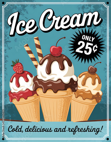 Retro ice cream cones with cherry and wafer sticks on distressed background