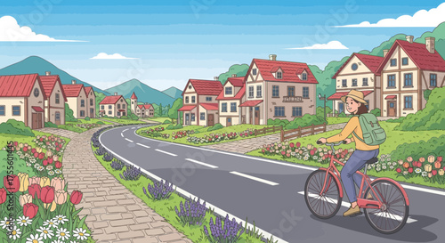 Scenic Village Cycling Adventure: A Woman Riding Through Quaint European-Style Town