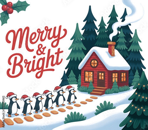 Cute penguins wearing santa hats walking towards a cozy snow covered cabin in a winter forest