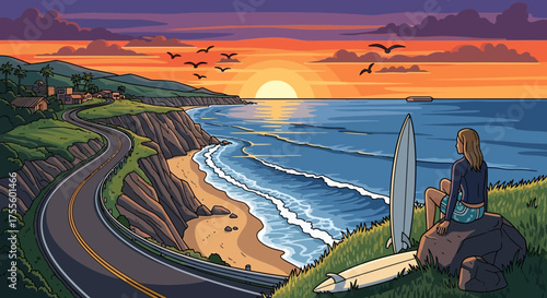 Coastal dreams: Woman contemplating ocean vista with surfboards at twilight