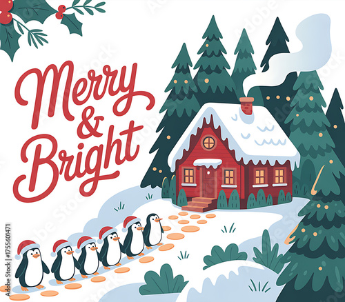 Charming christmas scene with penguins walking to a cozy snow covered cabin