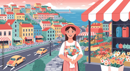 A cheerful floral vendor in a quaint seaside town, offering bouquets for sale