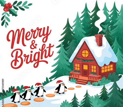 Cute penguins walking in the snow towards a cozy cabin with merry and bright text