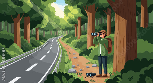 A man using binoculars to observe wildlife in a serene forest landscape