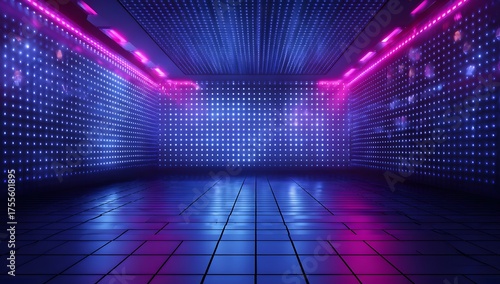 Immersive futuristic digital environment with glowing neon lights and reflective surfaces creating an abstract sci fi ambiance