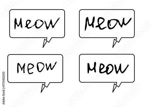 Four simple speech bubbles each containing “MEOW” in bold black handwritten style — clean, playful design ideal for cat lovers, pet content, or lighthearted messaging visuals.