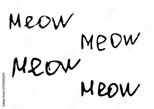 Four handwritten “MEOW” texts in black ink scattered across a white background — casual, playful, and minimalist, perfect for cat-themed designs or informal communication.