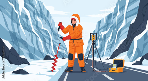 Geotechnical engineer exploring glacier with ice auger and surveying equipment