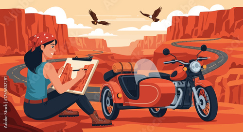Artistic Motorcycle Adventure: Woman Painting Desert Landscape with Sidecar Bike