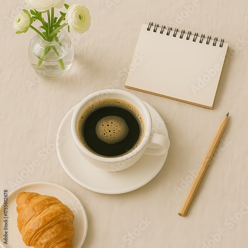 Morning Workspace with Coffee and Croissant