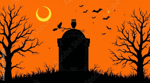 Spooky halloween scene with gravestone moon and bats flying through trees