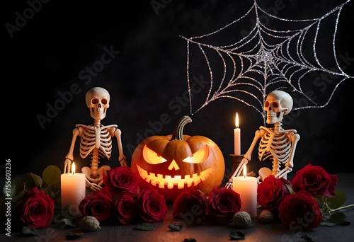 halloween pumpkin, skeletons, and red roses home decorations