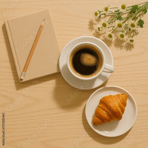 Morning Workspace with Coffee and Croissant