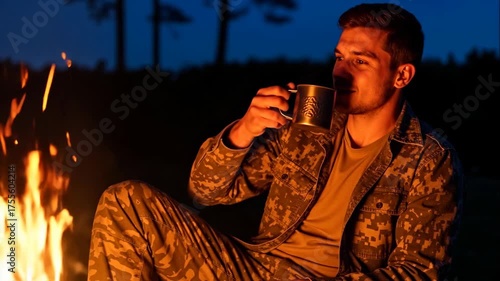 A man in camouflage relaxing by a campfire at night. A soldier drinking a hot beverage from a metal mug. Outdoor adventure and survival concept