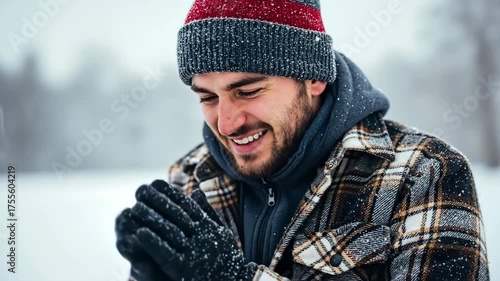 A happy young man smiling outdoors in the falling snow. Close-up portrait of a person enjoying the cold winter weather. Cozy winter lifestyle concept
