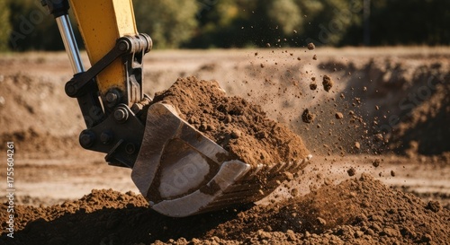Excavator scoop lifting brown dirt in construction site