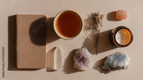 Minimal flat lay of wellness items