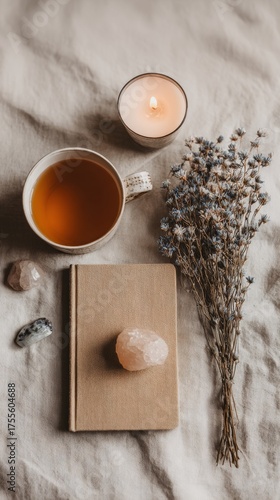 Minimal flat lay of wellness items