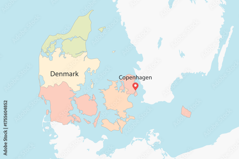Obraz premium Vector graphic artwork suitable for print and web containing flat detailed map of DENMARK