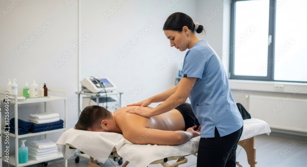 Fototapeta premium Woman masseuse gives a back massage to a man. Physiotherapy and manual therapy session for body health.