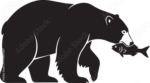 Silhouette of a black bear walking and carrying a caught fish in its mouth.