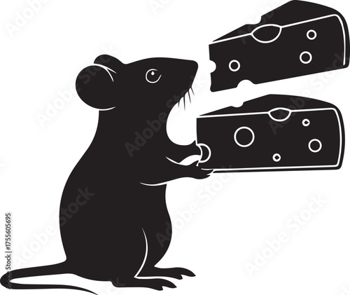 Cute mouse silhouette eagerly nibbling on swiss cheese slices enjoying a delicious snack