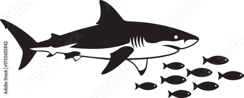 Majestic great white shark swims with a school of small fish in ocean depths