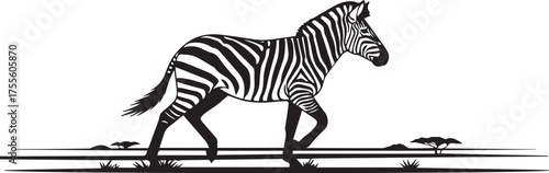 Majestic zebra strides across open savanna landscape with minimalist design