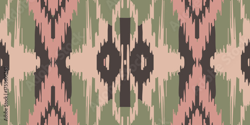 Earthy muted ikat seamless pattern. Abstract traditional textile design featuring blush pink, olive green, and deep brown hues. Ideal for bohemian backgrounds, fabric prints, and decor
