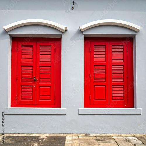 Two vibrant red windows stand out against a simple grey wall on an urban facade