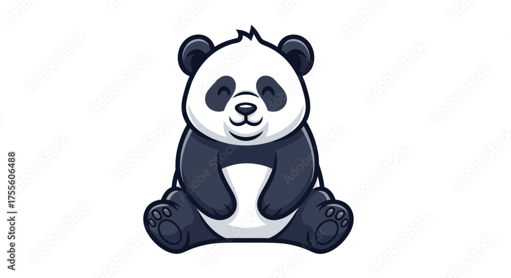 Naklejka premium A cartoon panda with black and white fur sitting upright and smiling on a white background illustration