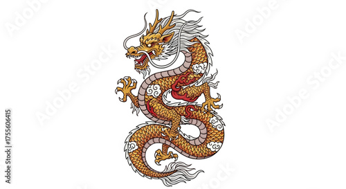 Illustration of a golden chinese dragon with white mane and red accents on a white background